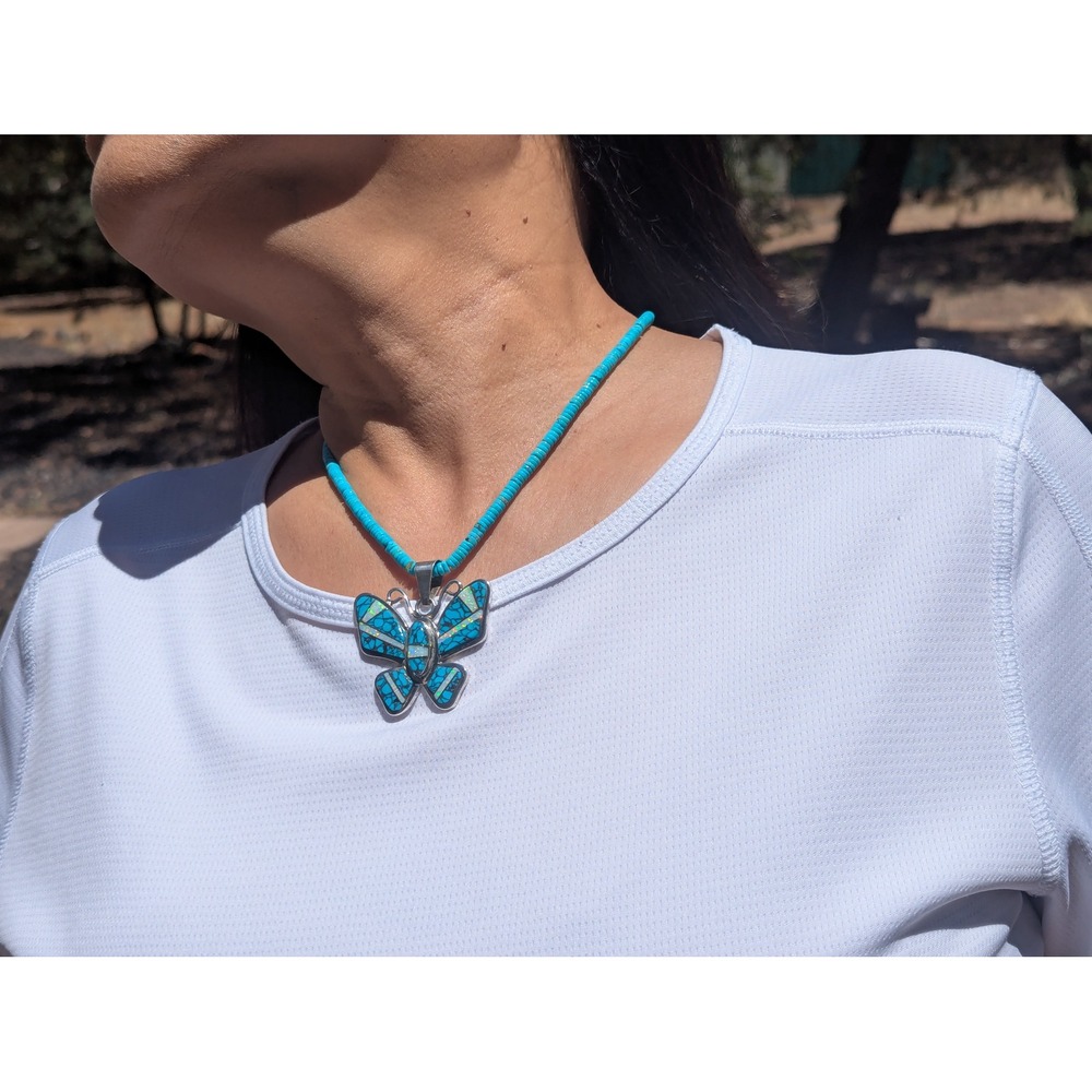 Navajo Necklace Turquoise Butterfly Pendant Handmade Native Amer Jewelry ** - Picture 6 of 13